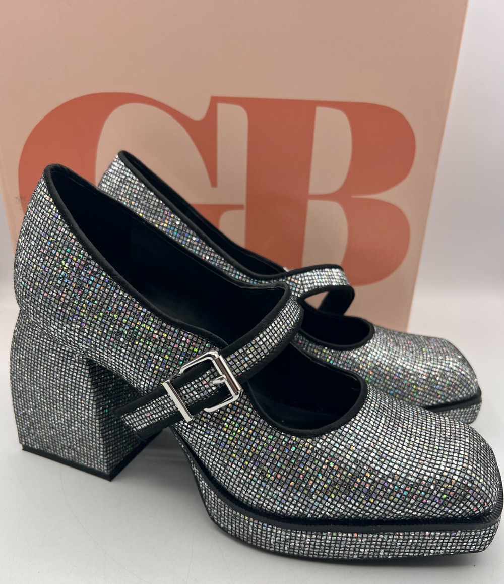 GB 2-NIGHT Women’s Size 9 Silver Glitter Mary Jane Platform Block Heels Shoes